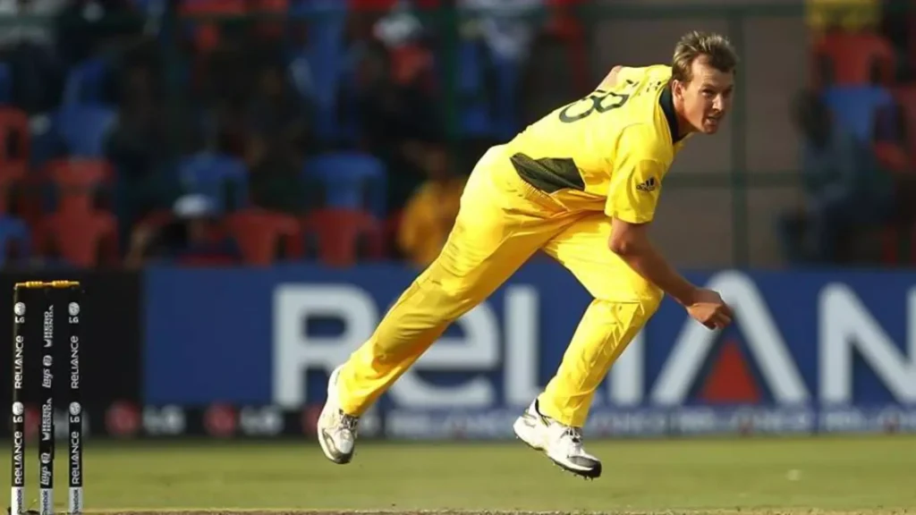 Brett Lee bowling with speed and accuracy in an international match.
