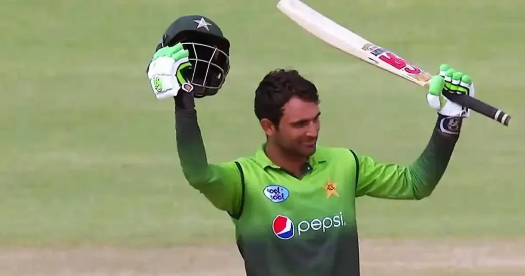 Fakhar Zaman celebrates 210 not out, first Pakistani double century in ODI cricket.