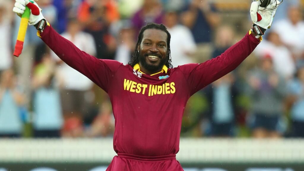 Chris Gayle hitting sixes during his 215 runs in ODI World Cup match.