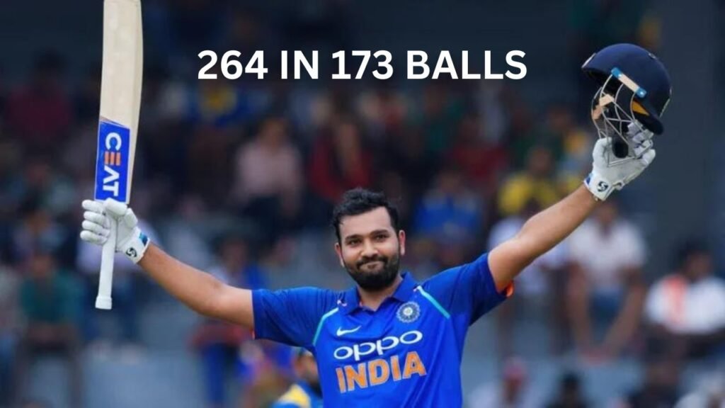 Rohit Sharma celebrates scoring 264 runs, highest individual run in ODI cricket.
