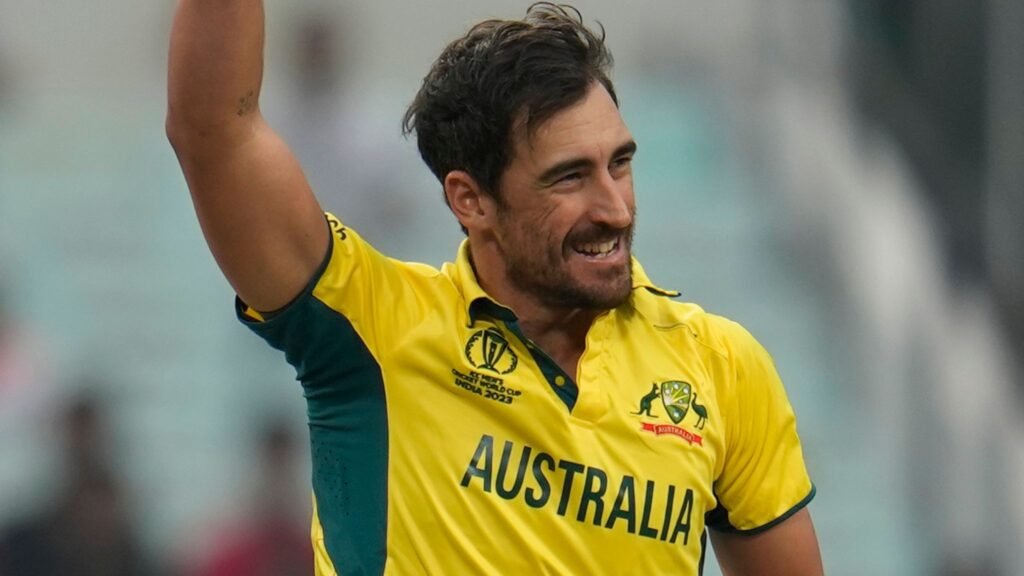 Mitchell Starc bowling during a World Cup cricket match.